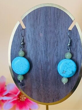 Round Turquoise silver plated earrings with green beads